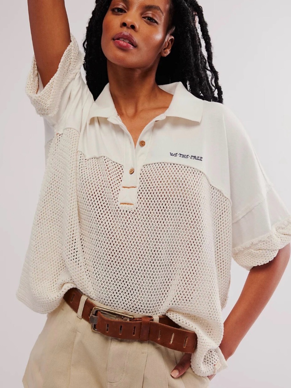We The Free Cream Knit Mesh Polo Tee - Picture 2 of 9